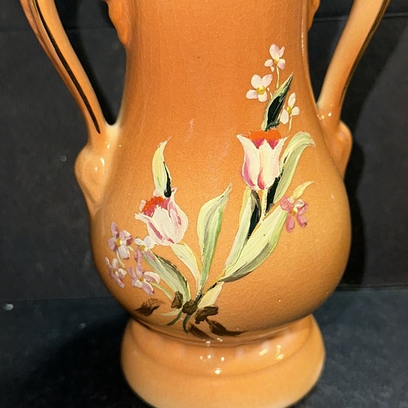 Vtg Royal Copley Tannish Ceramic Vase With Gold Trim & Double Handles 6.5” Tall - Picture 2 of 5